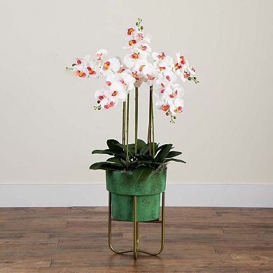 nearly natural 43-in. Artificial Orchid Arrangement in Patina Metal Planter with Stand Floor Decor