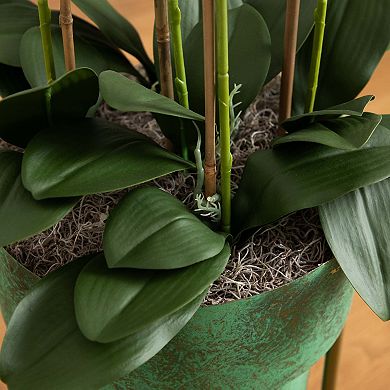 nearly natural 43-in. Artificial Orchid Arrangement in Patina Metal Planter with Stand Floor Decor