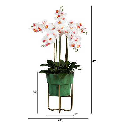 nearly natural 43-in. Artificial Orchid Arrangement in Patina Metal Planter with Stand Floor Decor