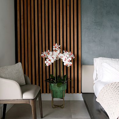 nearly natural 43-in. Artificial Orchid Arrangement in Patina Metal Planter with Stand Floor Decor