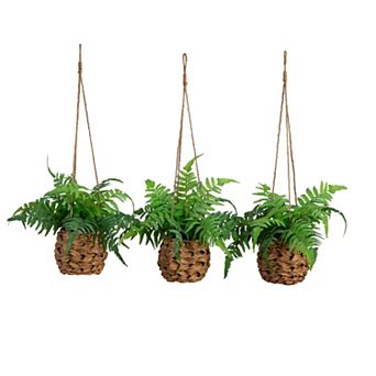 nearly natural 10 in UV Resistant Indoor / Outdoor Artificial Boston Fern in Hanging Wicker Basket 3 pc Set