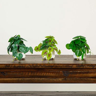 nearly natural 8in. Artificial Mixed Greens in Ceramic Planter Table Decor 3-piece Set