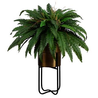 nearly natural 35 in Artificial Boston Fern in Brass Metal Planter with Stand Floor Decor