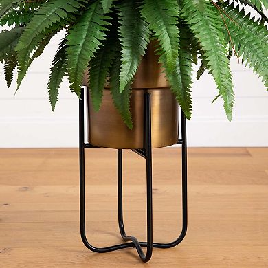 nearly natural 35-in. Artificial Boston Fern in Brass Metal Planter with Stand Floor Decor
