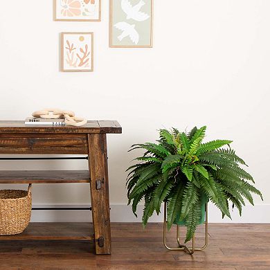 nearly natural 35-in. Artificial Boston Fern in Brass Metal Planter with Stand Floor Decor