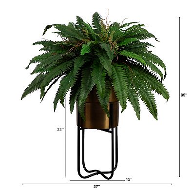 nearly natural 35-in. Artificial Boston Fern in Brass Metal Planter with Stand Floor Decor