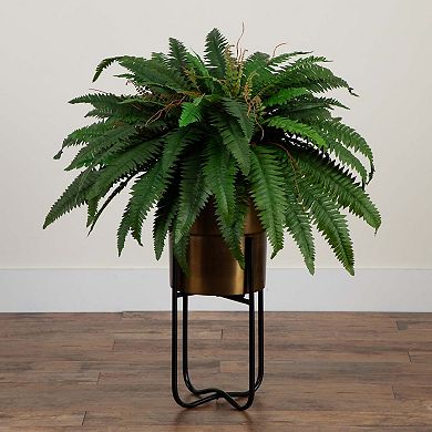 nearly natural 35-in. Artificial Boston Fern in Brass Metal Planter with Stand Floor Decor