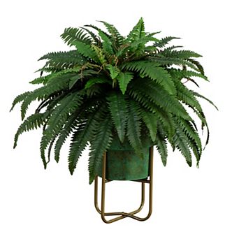 nearly natural 31 in Artificial Boston Fern in Patina Metal Planter with Stand Floor Decor