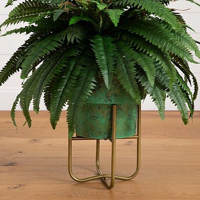 nearly natural 31-in. Artificial Boston Fern in Patina Metal Planter with Stand Floor Decor