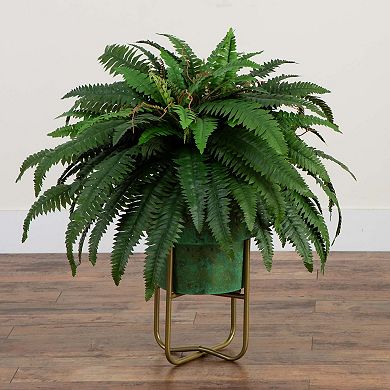 nearly natural 31-in. Artificial Boston Fern in Patina Metal Planter with Stand Floor Decor