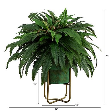 nearly natural 31-in. Artificial Boston Fern in Patina Metal Planter with Stand Floor Decor