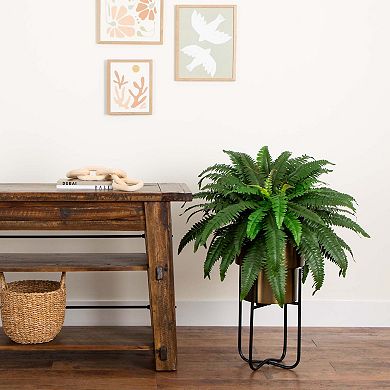 nearly natural 31-in. Artificial Boston Fern in Patina Metal Planter with Stand Floor Decor