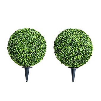 nearly natural 14 in UV Resistant Artificial Boxwood Ball Topiary with Integrated Ground Stake 2 pc Set