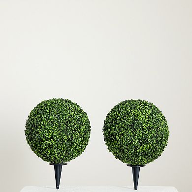 nearly natural 14-in. UV Resistant Artificial Boxwood Ball Topiary with Integrated Ground Stake 2-pc. Set