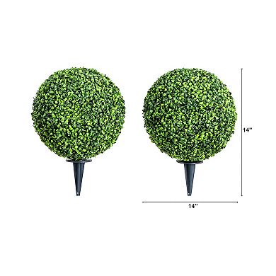 nearly natural 14-in. UV Resistant Artificial Boxwood Ball Topiary with Integrated Ground Stake 2-pc. Set