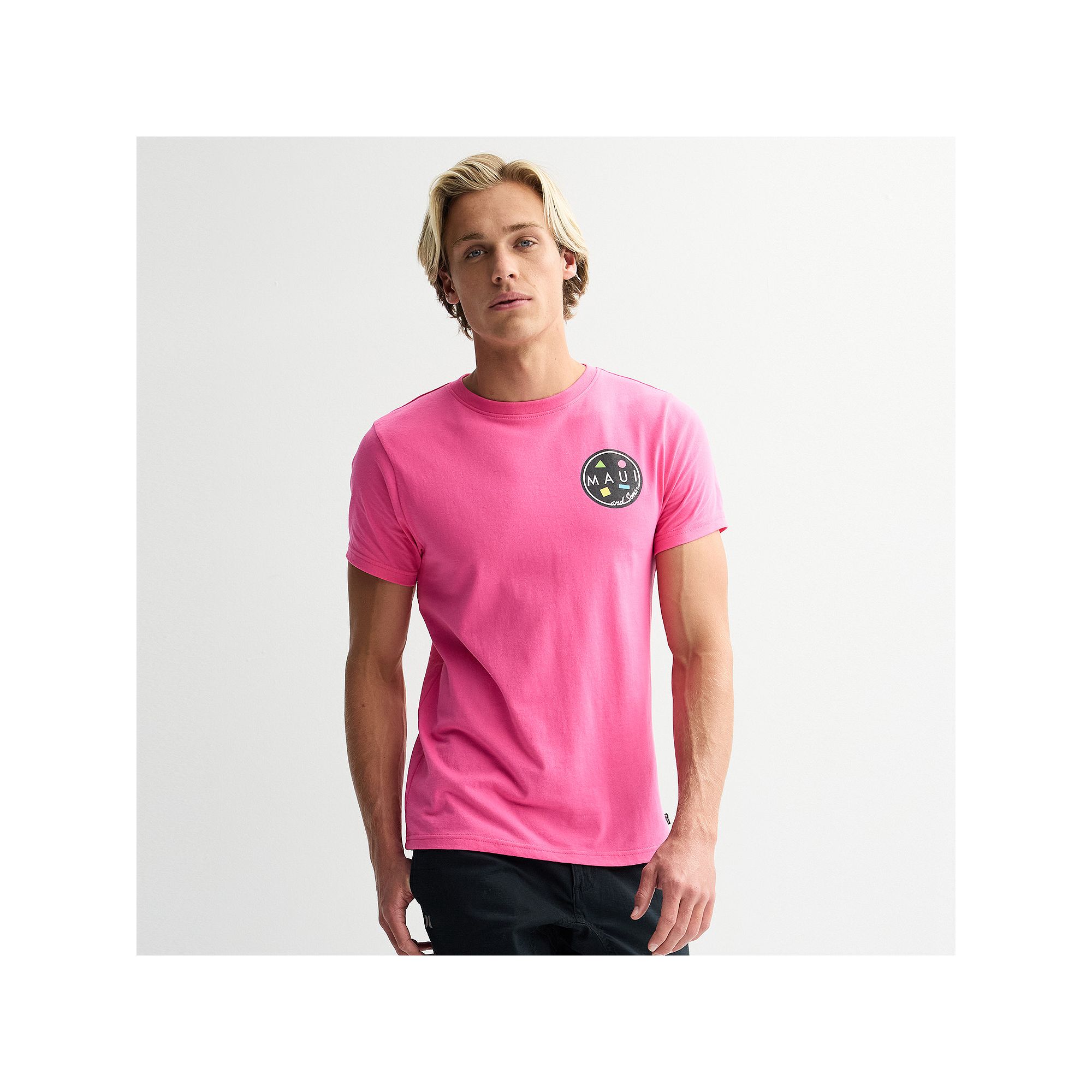 Mens Maui and Sons Arnold Sharkley T-Shirt, Size: Small, Neon Pink