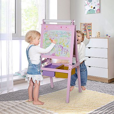 3 In 1 Kid's Wooden Art Easel With Dual-sides And Storage Baskets