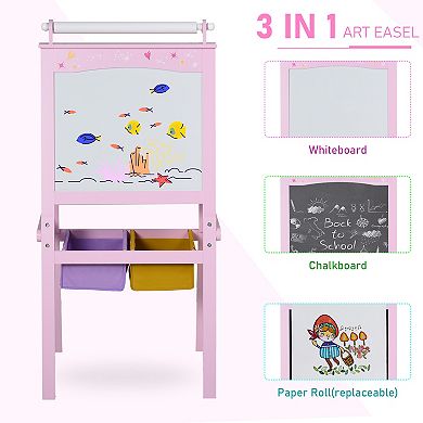 Qaba 3 In 1 Kids Wooden Art Easel with Paper Roll, Double-Sided, Storage