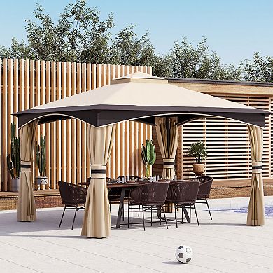 10' X 12' Outdoor Patio 2-tier Roof Gazebo Canopy Steel Frame W/ Mesh Sidewalls