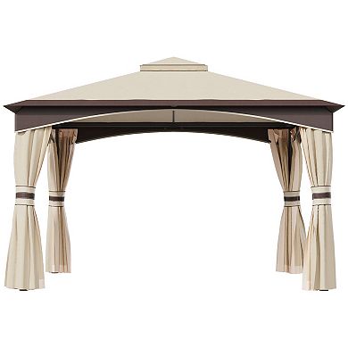 10' X 12' Outdoor Patio 2-tier Roof Gazebo Canopy Steel Frame W/ Mesh Sidewalls