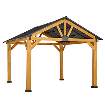 Outsunny 13ft x 11' Wood Framed Hardtop Gazebo with Metal Roof and Ceiling Hook