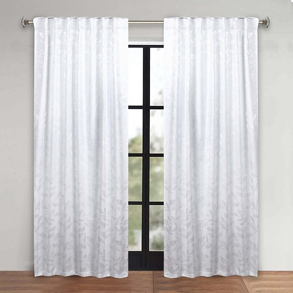 Superior Leaves Blackout Back Tab Curtains, Set of 2, 52" x 108", White/White
