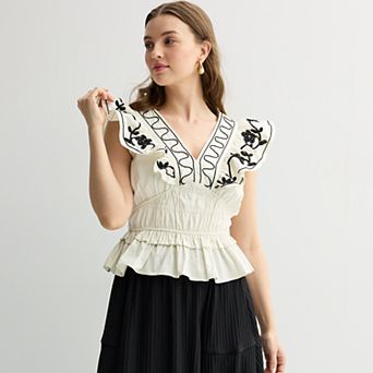 Women's Laurel Grey Ruffle Sleeve Embroidered Top