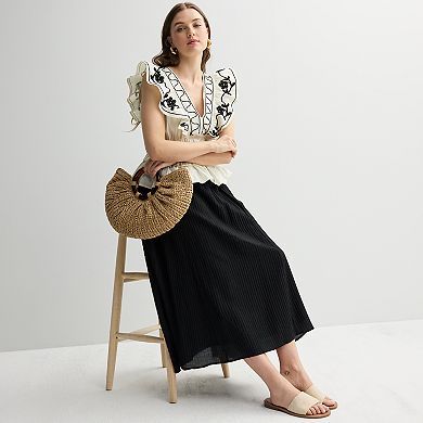 Women's Laurel Grey Ruffle Sleeve Embroidered Top