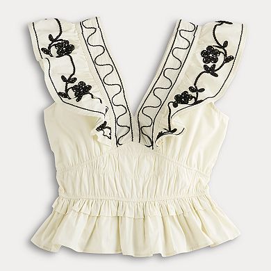 Women's Laurel Grey Ruffle Sleeve Embroidered Top