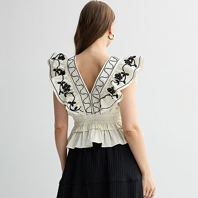 Women's Laurel Grey Ruffle Sleeve Embroidered Top