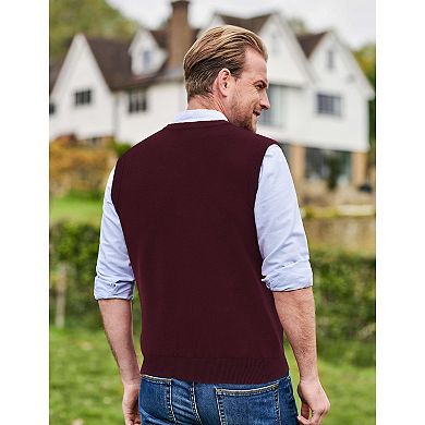 Men's V Neck Sweater Vest Checkered Sleeveless Pullover Knitwear Business Casual Knitted Sweater