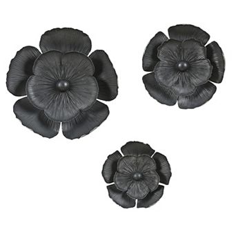LuxenHome 3 pc Dark Gray with Gold Metal Flowers Wall Decor Set