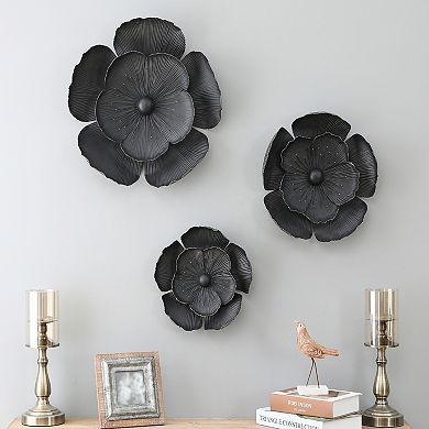 LuxenHome 3-Piece Dark Gray with Gold Metal Flowers Wall Decor Set
