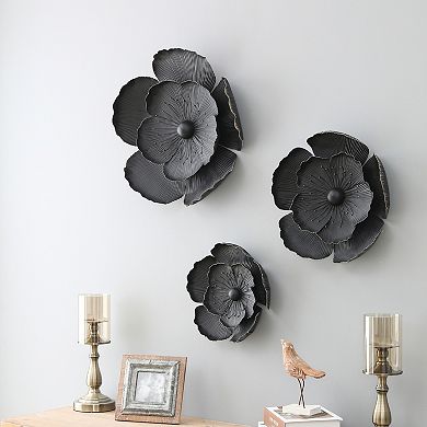 LuxenHome 3-Piece Dark Gray with Gold Metal Flowers Wall Decor Set