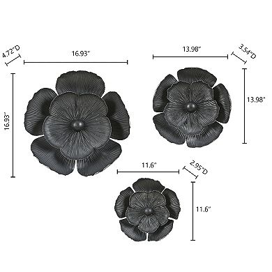 LuxenHome 3-Piece Dark Gray with Gold Metal Flowers Wall Decor Set