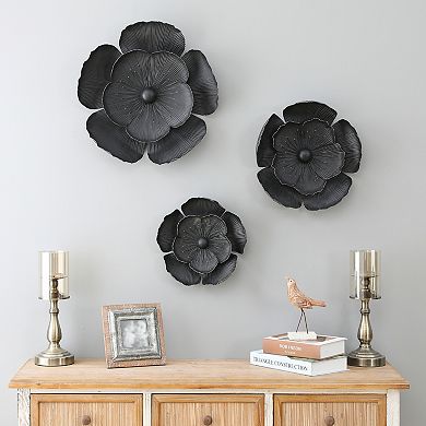 LuxenHome 3-Piece Dark Gray with Gold Metal Flowers Wall Decor Set