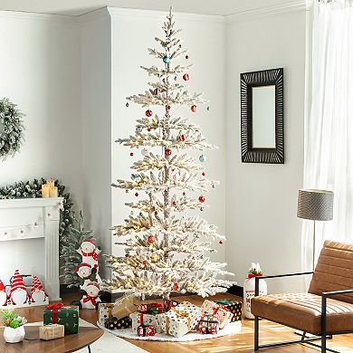 Glitzhome 9ft Deluxe Pre-Lit Artificial Christmas Tree, Flocked Slim Fir Decorative Tree