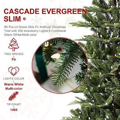 Glitzhome 9ft Pre-lit Green Fir Remote Artificial Christmas Tree With 500 Strawberry Lights, 9 Modes