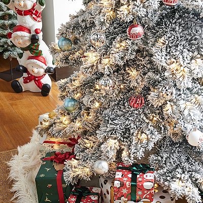 Glitzhome 9ft Pre Lit Flocked Layered Spruce Artificial Christmas Tree with 500 Warm White Lights