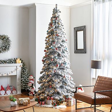Glitzhome 9ft Pre-lit Flocked Layered Spruce Artificial Christmas Tree With 500 Warm White Lights