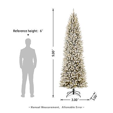 Glitzhome 9ft Pre-Lit Artificial Christmas Tree, Flocked Pencil Fir Decorative Tree