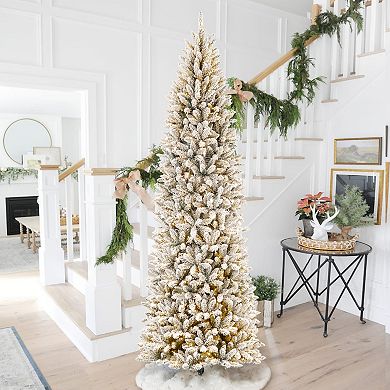 Glitzhome 9ft Pre-Lit Artificial Christmas Tree, Flocked Pencil Fir Decorative Tree