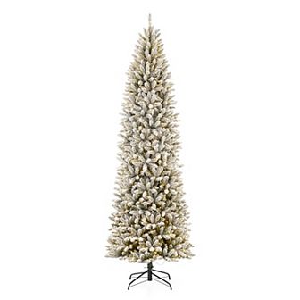 Glitzhome 9ft Pre-Lit Artificial Christmas Tree, Flocked Pencil Fir Decorative Tree