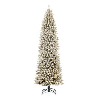 Glitzhome 9ft Pre-Lit Pencil Fir/Slim Spruce Artificial Xmas Tree with Warm White Lights, 3 Function
