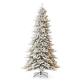 Glitzhome 9ft Pre-Lit Artificial Christmas Tree, Snow Flocked Full-size Fir Decorative Tree