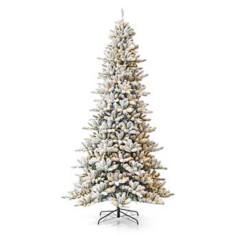 Glitzhome 9ft Pre-Lit Artificial Christmas Tree, Snow Flocked Full-size Fir Decorative Tree