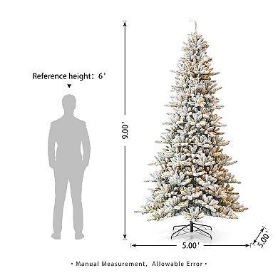 Glitzhome 9ft Pre-Lit Artificial Christmas Tree, Snow Flocked Full-size Fir Decorative Tree