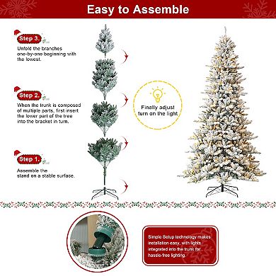 Glitzhome 9ft Pre-Lit Artificial Christmas Tree, Snow Flocked Full-size Fir Decorative Tree