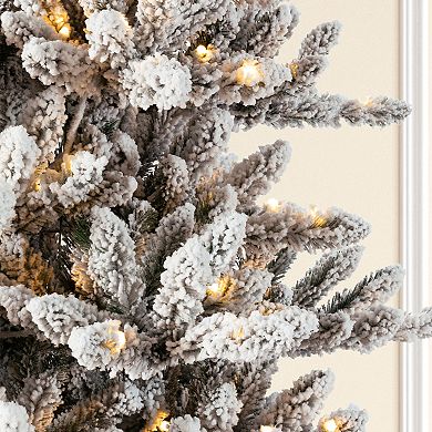 Glitzhome 9ft Pre-Lit Artificial Christmas Tree, Snow Flocked Full-size Fir Decorative Tree
