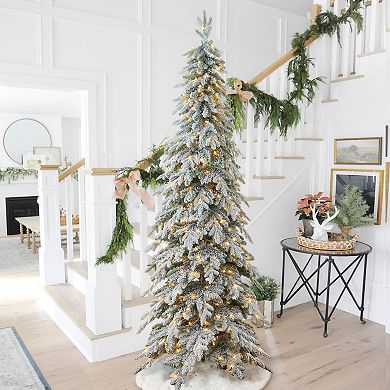 Glitzhome 9ft Pre-lit Flocked Pencil Spruce Artificial Christmas Tree With 470 Warm White Lights